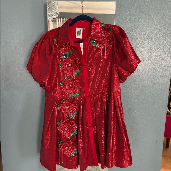 Red Sequin Dress with Floral Embroidery